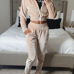 TAN VELOUR TRACKSUIT SET